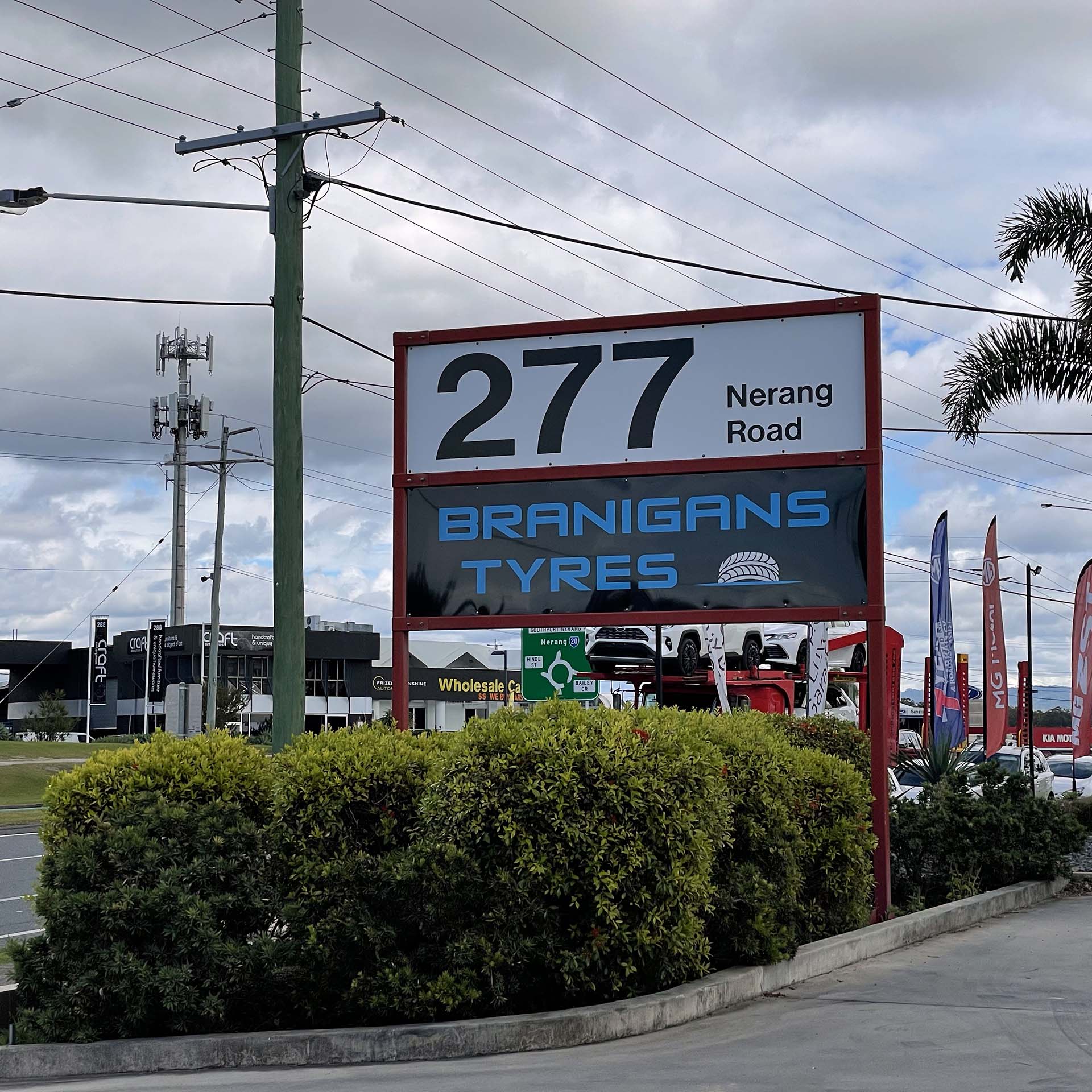 Branigans Southport tyre shop signage.